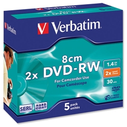 Verbatim 8cm DVD-RW for Camcorder Slim Case Speed 2x Capacity 1.4GB Ref 43514 [Pack 5]