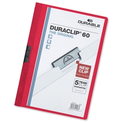 Durable Duraclip Folder PVC Clear Front 6mm Spine for 60 Sheets A4 Red Ref 2209/03 [Pack 25]