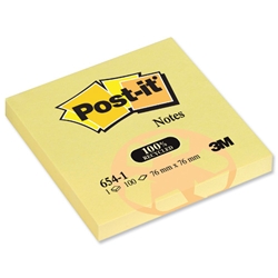 Post-it® Recycled Notes Pad of 100 76x76mm Canary Yellow Ref 654-1YE [Pack 12]