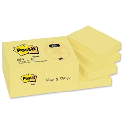Post-it® Recycled Notes Pad of 100 38x51mm Canary Yellow Ref 653-1YE [Pack 12]
