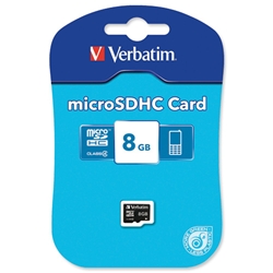 Verbatim Micro SDHC Media Memory Card Low Power Consumption Capacity 8GB Ref 47204/44004