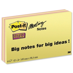 Post-it® Super Sticky Meeting Notes Pads of 45 Sheets 149x98.4mm Bright Colours 6445-SSP [Pack 4]