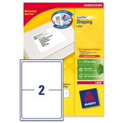Avery Addressing Labels Laser Jam-free 2 per Sheet 199.6x143.5mm White Ref L7168-100 [200 Labels]