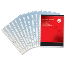 5 Star Plastic Pockets Punched Polypropylene Top-opening 50 Micron A4 Clear [Pack 100]