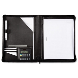 Alassio Folio Writing Case Zipped with Pad and Calculator A4 Leather-look Black Ref 30056