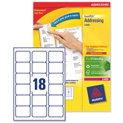 Avery Addressing Labels Laser Jam-free 18 per Sheet 63.5x46.6mm White Ref L7161-40 [720 Labels]