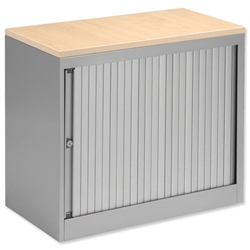 Bisley Eurotambour Desk-high Side-opening Silver Frame and Silver Shutters Maple Top W800xD430xH720mm