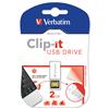 Verbatim Clip-it USB Flash Drive USB 2.0 Paper Clip Read 10MB/s Write 3MB/s 2GB White Ref 43902