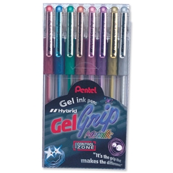 Pentel Hybrid Gel Grip Pens Metallic 0.8mm Tip 0.4mm Line Assorted Ref K118M/8W12 [Wallet 8] - Item image