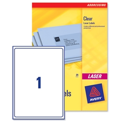 Avery Clear Addressing Labels Laser 1 per Sheet 210x297mm Ref L7567-25 [25 Labels]
