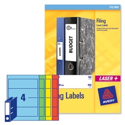 Avery Filing Labels Laser Lever Arch 4 per Sheet 200x60mm Assorted Ref L7171A-20 [80 Labels]