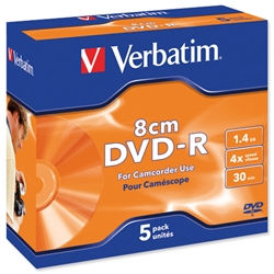 Verbatim 8cm DVD-R for Camcorder Slim Case Speed 4x Capacity 1.4GB Ref 43510 [Pack 5]