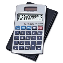 Aurora Calculator Handheld Tax Programmable Solar and Battery Power 12 Digit 3 Key Memory Ref HC208TX