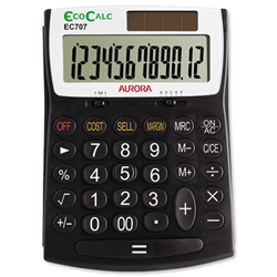 Aurora EcoCalc Calculator Desktop Large Recycled Solar and Battery Power 12 Digit 3 Key Memory Ref EC707