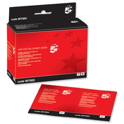 5 Star Screen Cleaning Duo Sachets Pairs of Wet and Dry Wipes [Pack 20x2]
